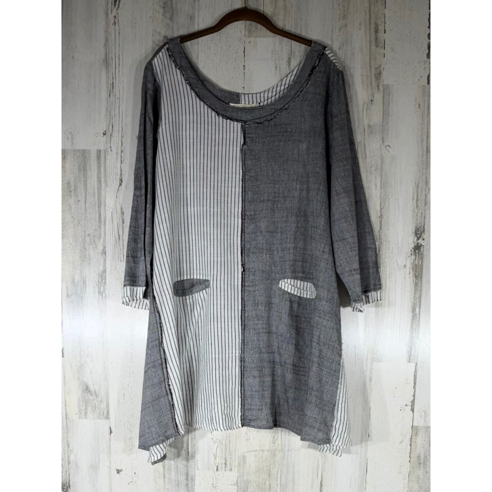 Paper Lace Tunic Large Gray Striped Pockets Lagenlook Boho Artsy Coastal Neutral